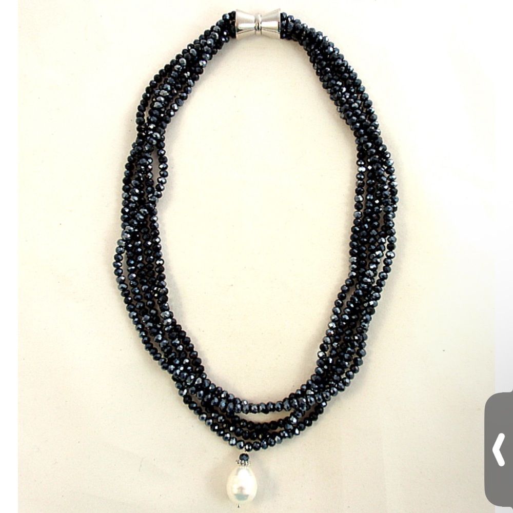 The Island Pearl Black Midnight Crystal Necklace -Mother of Pearl Pendant Nwt‎